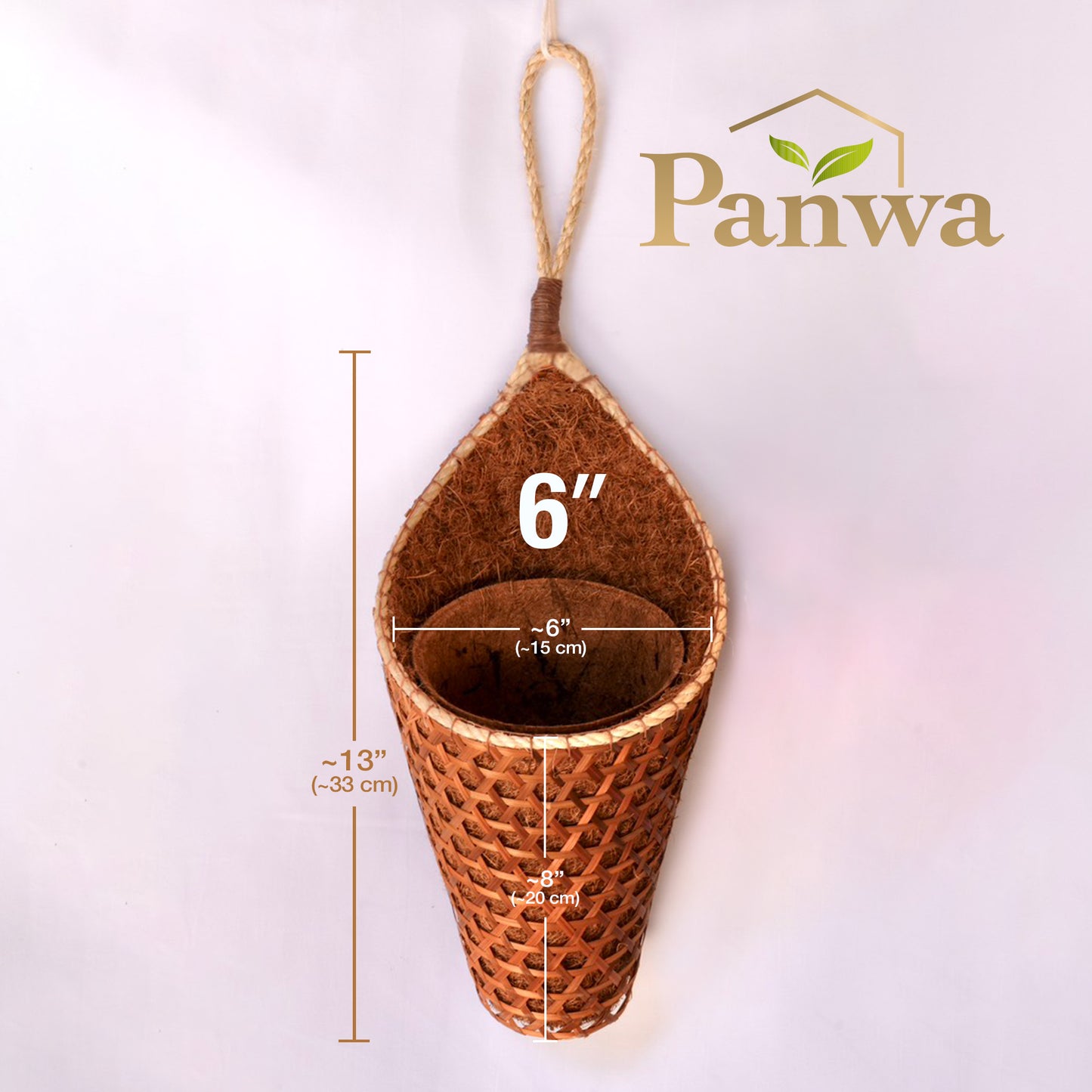 PANWA Handmade 100% Thai Bamboo Hanging Basket Coconut Coir Cornucopia (6 Inch 2-Pack)