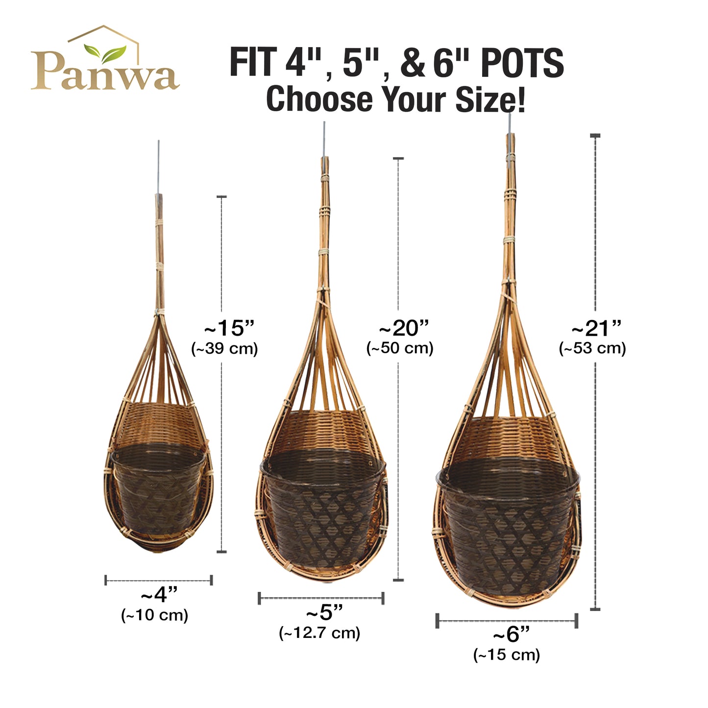 PANWA Handmade 100% Thai Bamboo Hanging Orchid Basket for Orchids, Vines, Air Plants, Indoor & Outdoor Garden Décor 4 Inch, 5 Inch, 6 Inch (Triple Set)