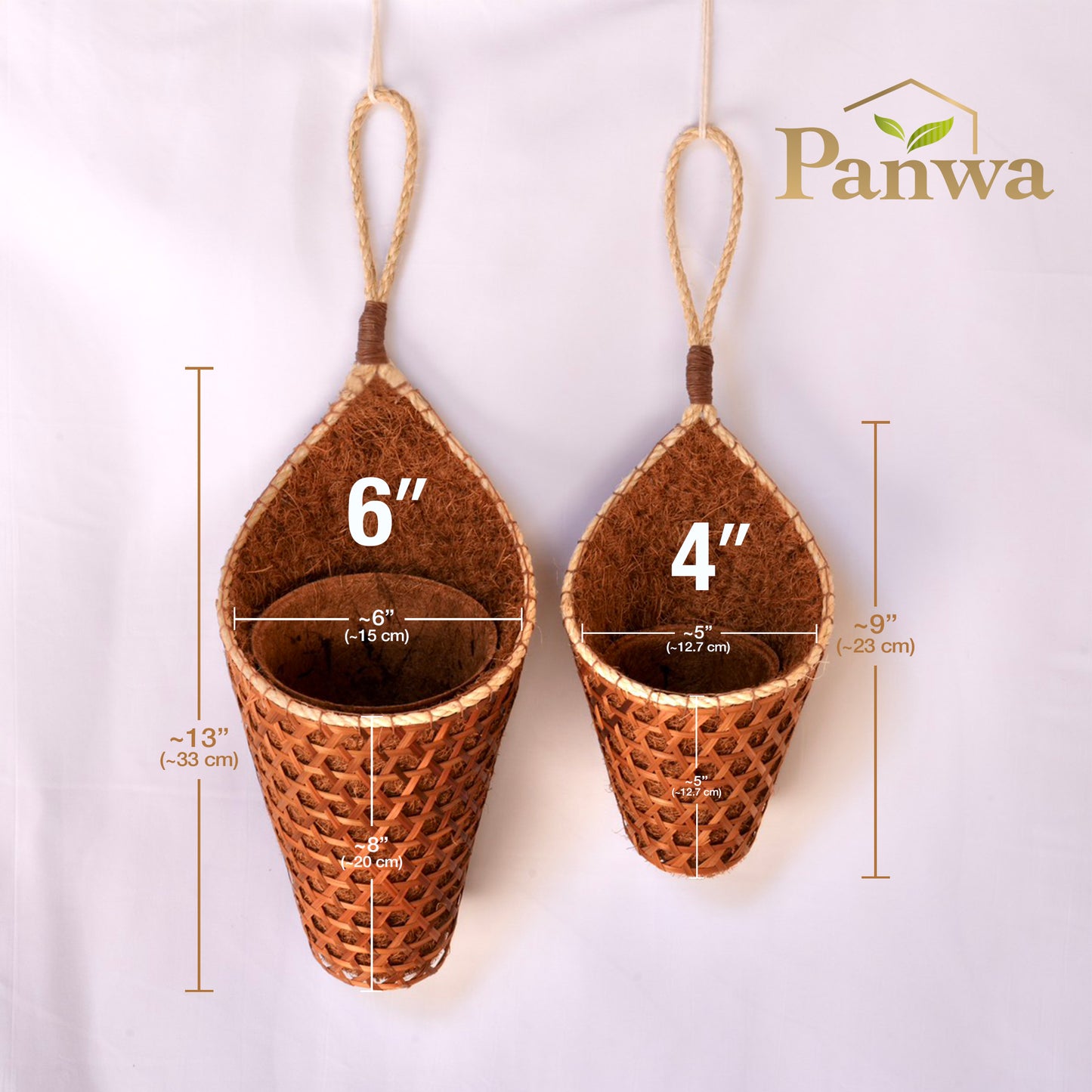 PANWA Handmade 100% Thai Bamboo Hanging Basket Coconut Coir Cornucopia (4 Inch & 6 Inch Duo Pack)