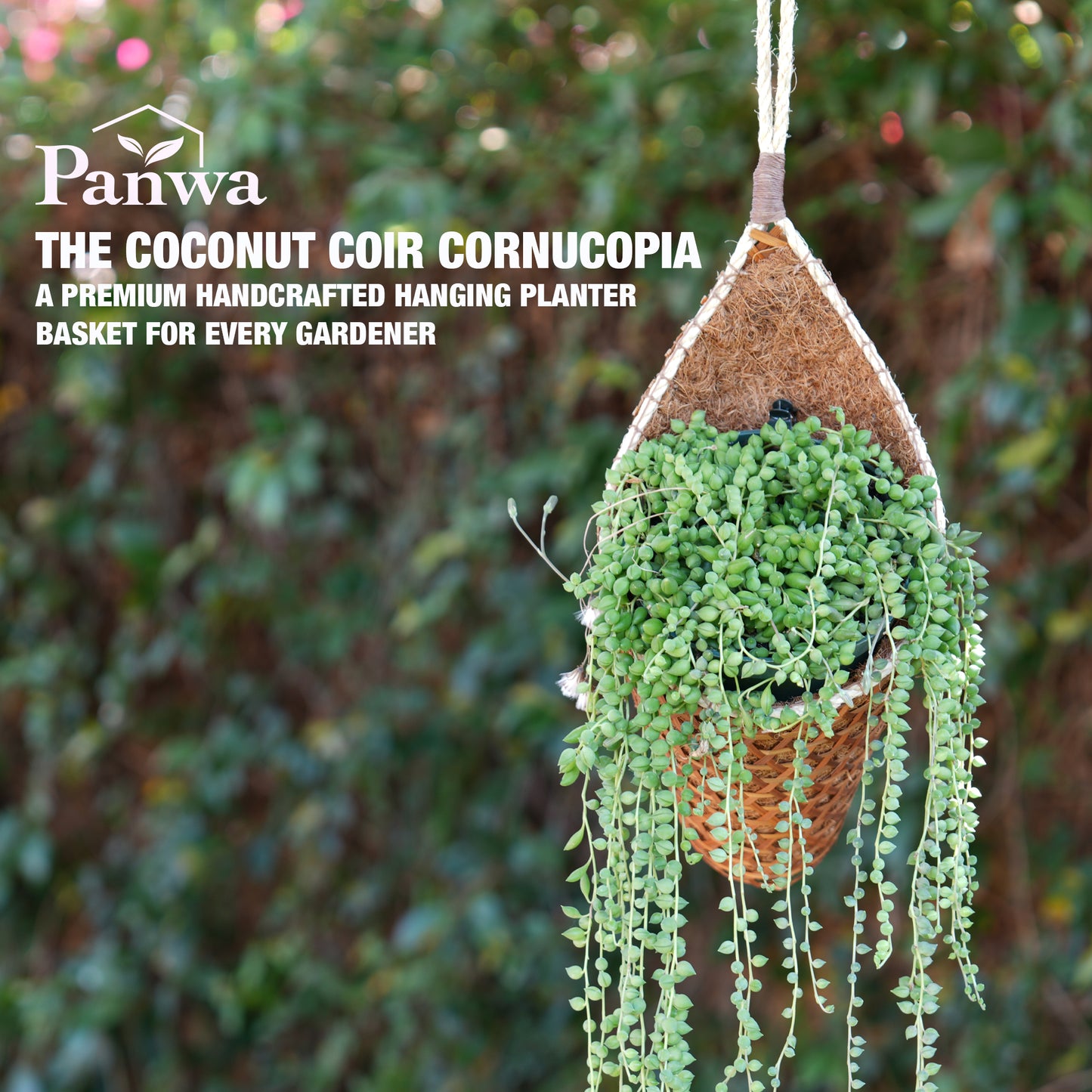 PANWA Handmade 100% Thai Bamboo Hanging Basket Coconut Coir Cornucopia (4 Inch 2-Pack)