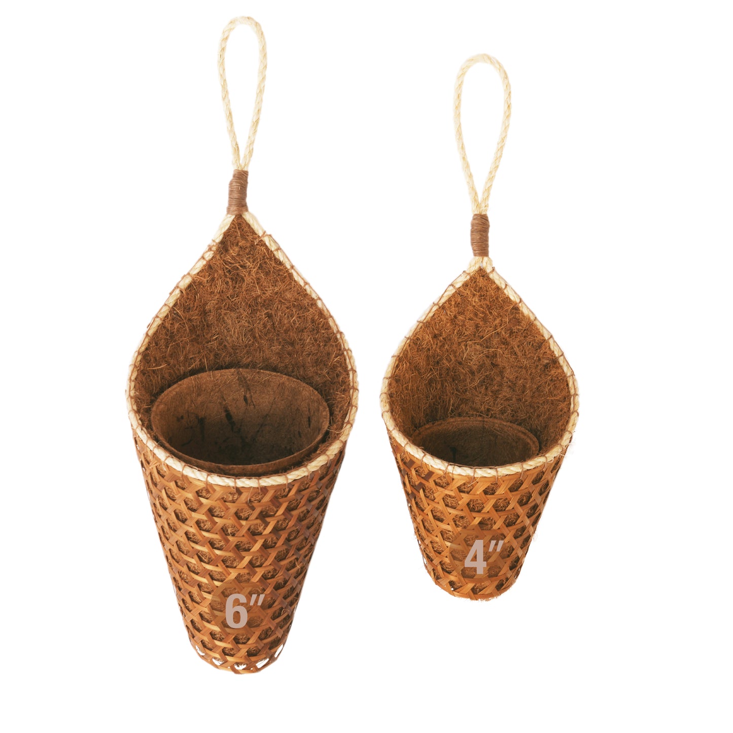 PANWA Handmade 100% Thai Bamboo Hanging Basket Coconut Coir Cornucopia (4 Inch & 6 Inch Duo Pack)