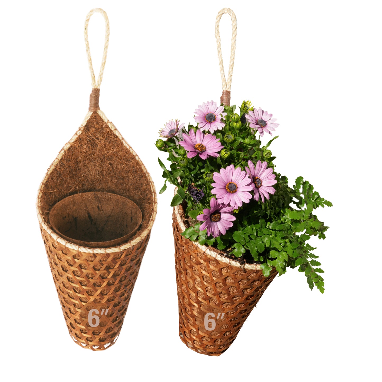 PANWA Handmade 100% Thai Bamboo Hanging Basket Coconut Coir Cornucopia (6 Inch 2-Pack)