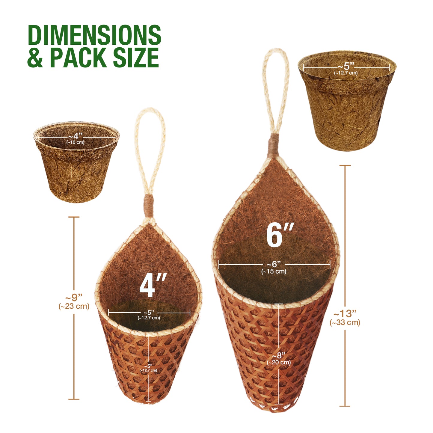 PANWA Handmade 100% Thai Bamboo Hanging Basket Coconut Coir Cornucopia (4 Inch 2-Pack)