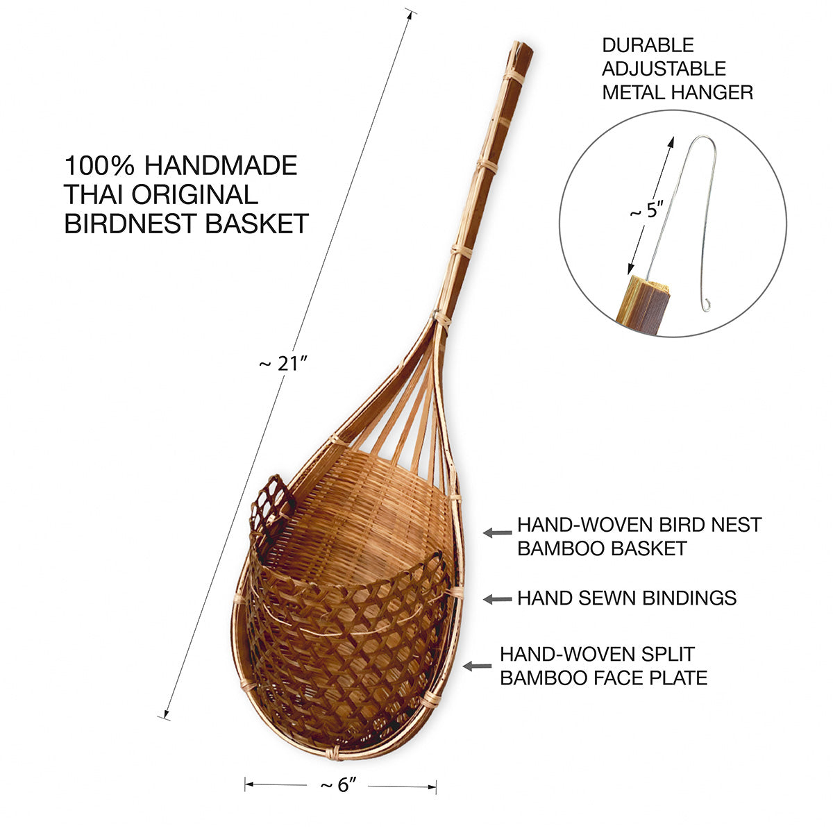 PANWA Handmade 100% Thai Bamboo Super Sanctuary Hanging Orchid Basket - 6 Inch Set of 2